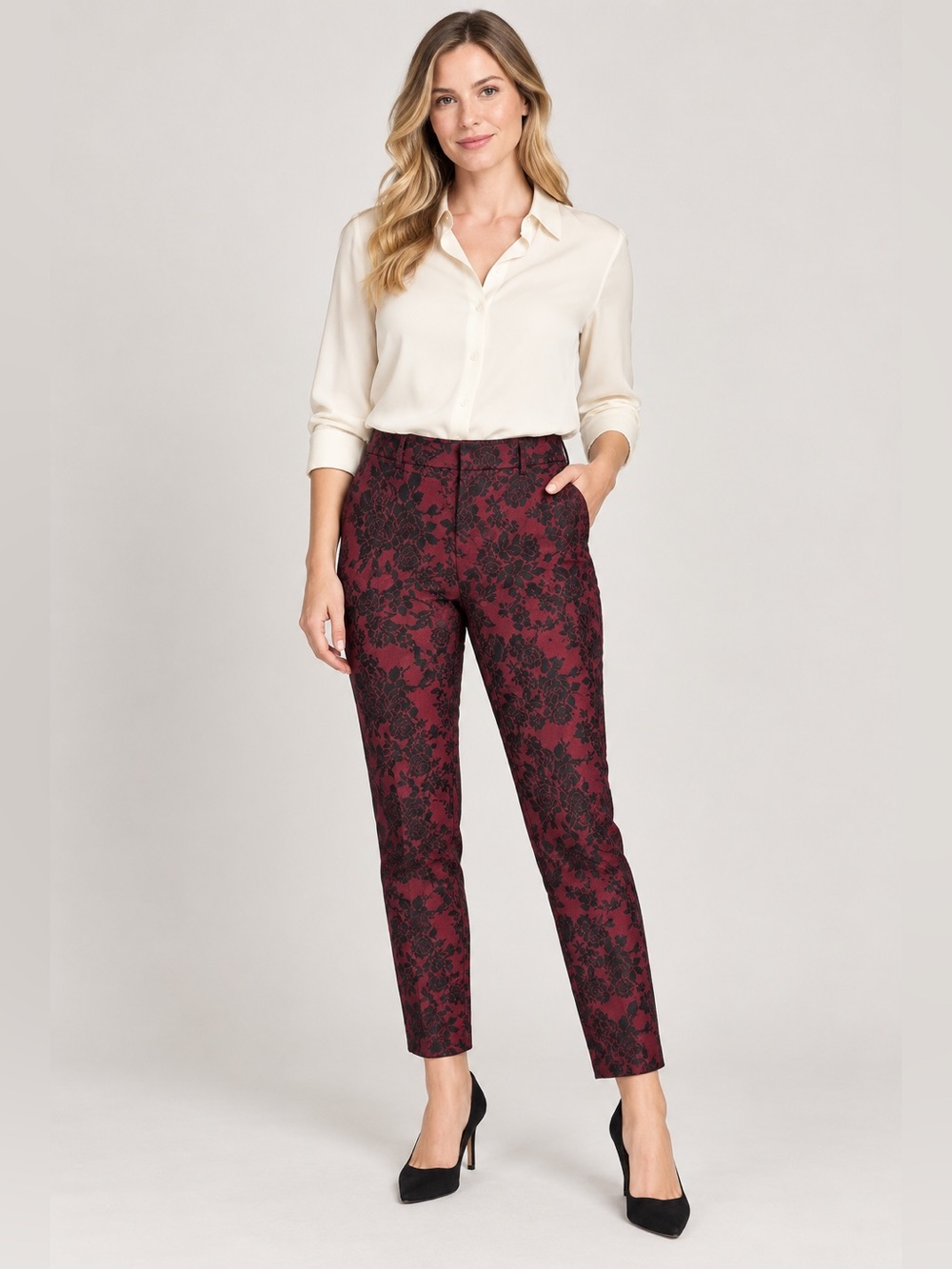 White House Black Market Burgundy Black Floral Ankle Pants Size 4